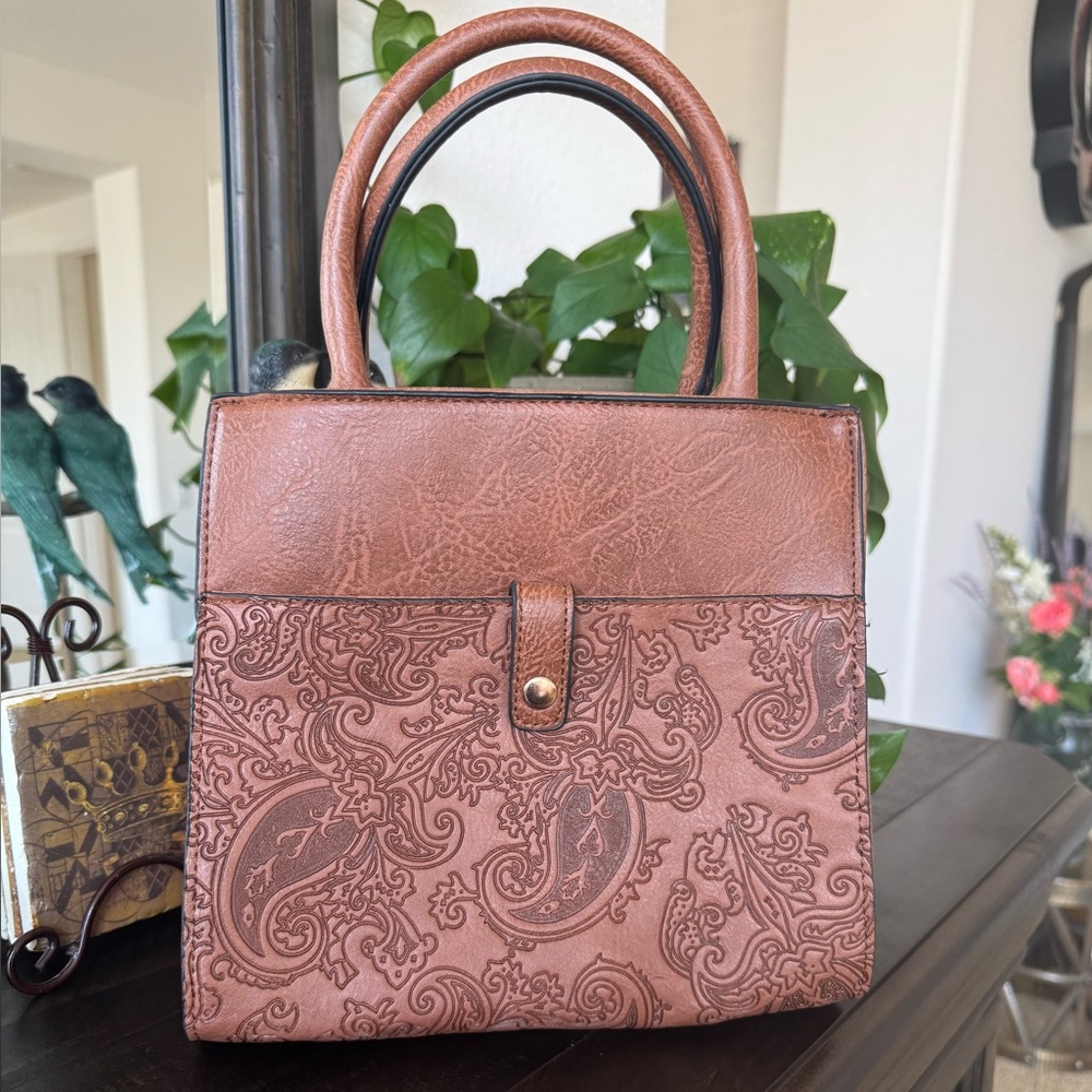Elegant Brown Faux Leather Satchel with Paisley Embossed Design